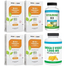 New Care B6, B12 & Foliumzuur 60zuigtab. 4-pak 4 x 60 tabletten + Gratis Gezonderwinkelen Visolie 120 capsules en Vitamine D 75mcg 200 capsules
