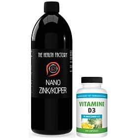 The Health Factory Nano Zink/Koper / Colloidaal Zink/Koper 1000ml & Gratis Gezonderwinkelen Vitamine D3 75mcg 200 capsules