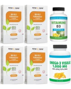 New Care B6, B12 & Foliumzuur 60zuigtab. 4-pak 4 x 60 tabletten + Gratis Gezonderwinkelen Visolie 120 capsules en Vitamine D 75mcg 200 capsules