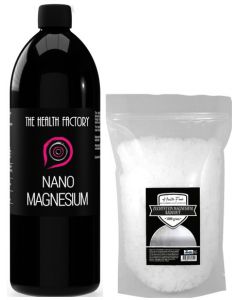The Health Factory Nano Magnesium / Colloidaal Magnesium 70ppm 1000ml & Gratis Health Food Magnesium Zout 1000 gram