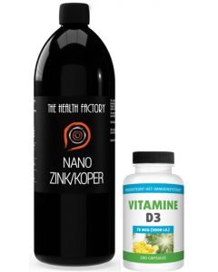 The Health Factory Nano Zink/Koper / Colloidaal Zink/Koper 1000ml & Gratis Gezonderwinkelen Vitamine D3 75mcg 200 capsules