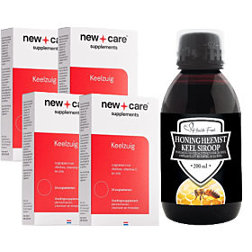 New Care Keelzuig 24 zuigtabletten Vier-Pak (4x 24 zuigtabletten) & Gratis Health Food Honing Heemst Keelsiroop 200ml