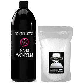 The Health Factory Nano Magnesium / Colloidaal Magnesium 70ppm 1000ml & Gratis Health Food Magnesium Zout 1000 gram